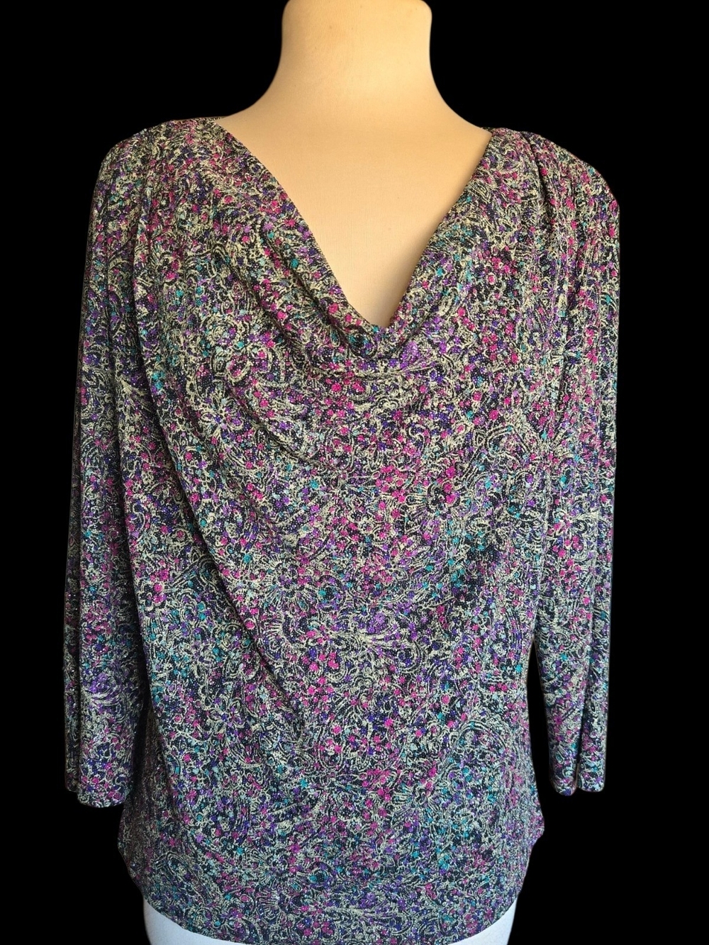 MSK Metallic Floral Evening Top in Black, Purple & Teal Sz L